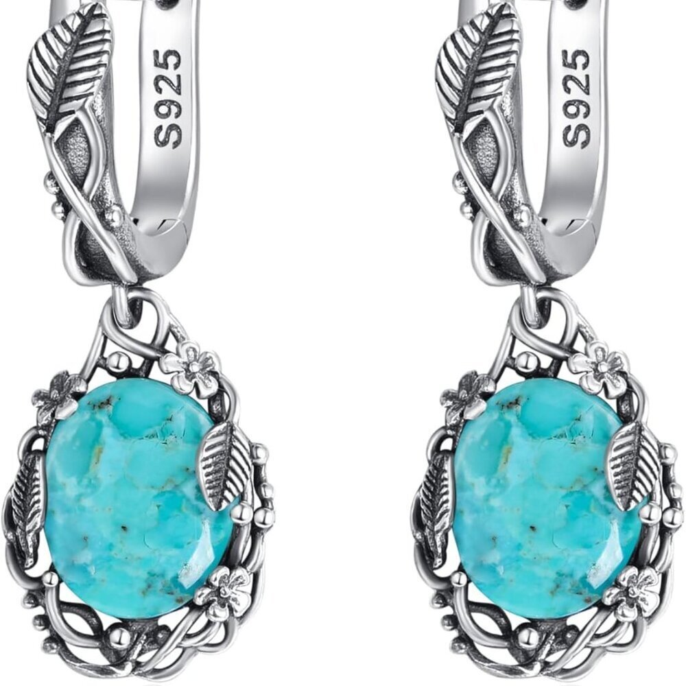 Sterling Silver Dangle Earrings Turquoise Leaf Flower Vintage Jewelry